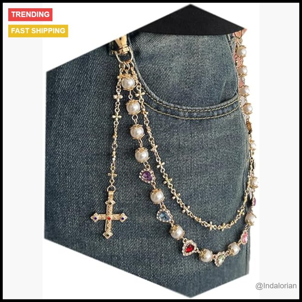 Alloy Gold Pants Chain with Cross and Heart Rhinestone Punk Jewelry